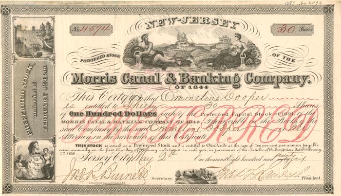 Morris Canal and Banking Co. - Stock Certificate from Jersey City, New Jersey